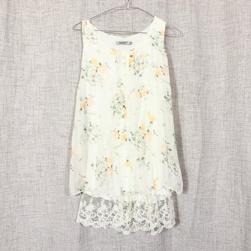 Tendenze Floral Silk Tunic Sz S Cream Lace Made in Italy Cottage Fairy Ethereal